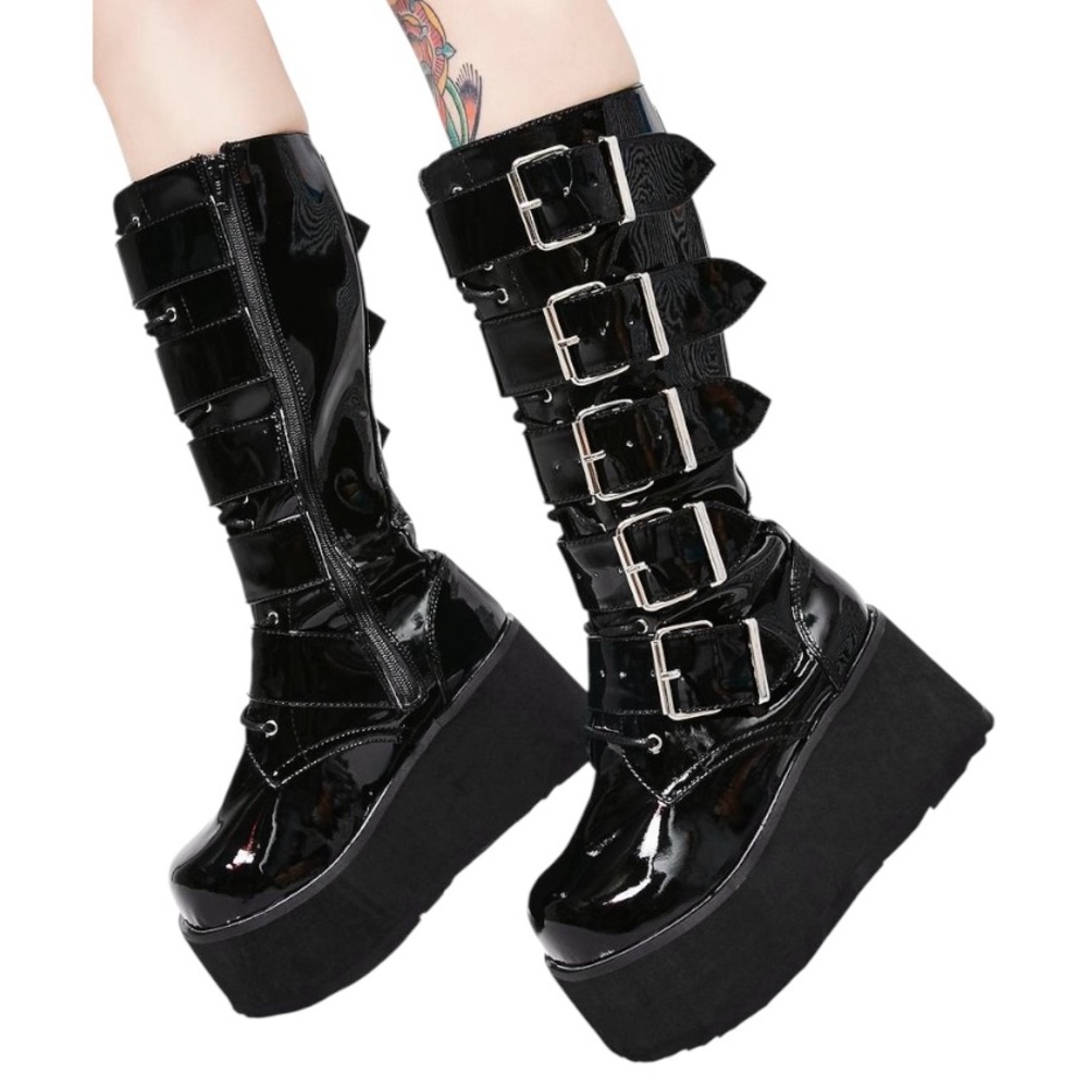 Demonia Trashville-518 Platform Goth Punk Knee Boot Buckle 6.5 7 7.5